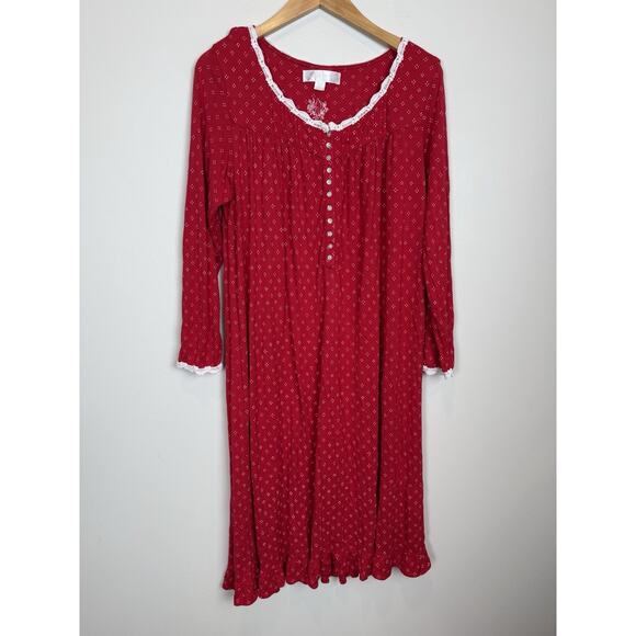 Eileen West Nightgown Modal Red Dots Long Sleeve Cottagecore Country Lace Sz M - Picture 1 of 7